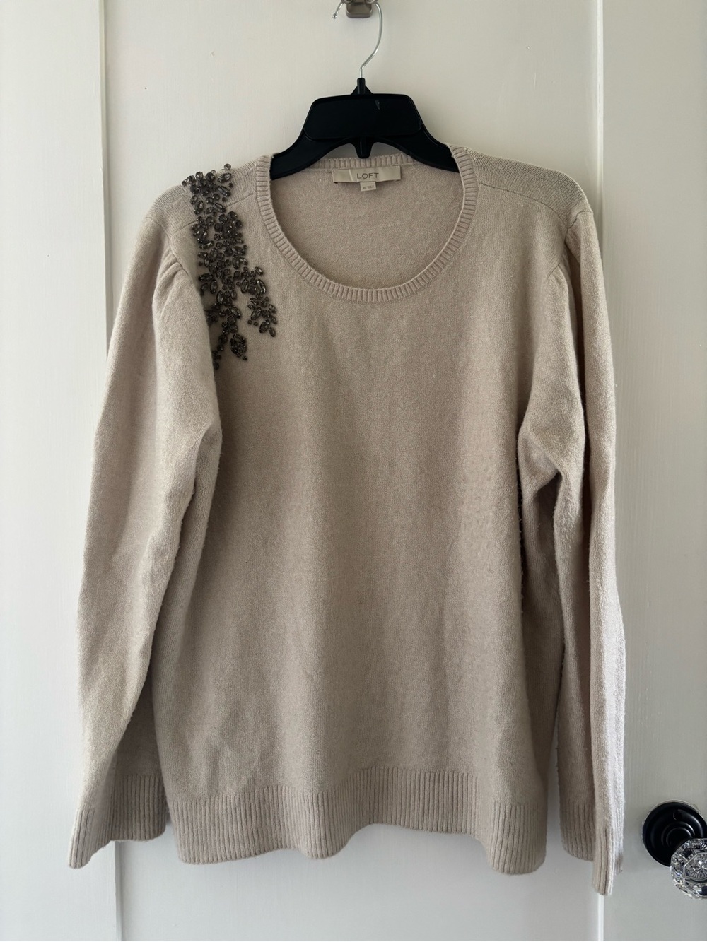 LOFT Beige/Cream Crewneck Sweater with Jewel Embellishment—Sz XL